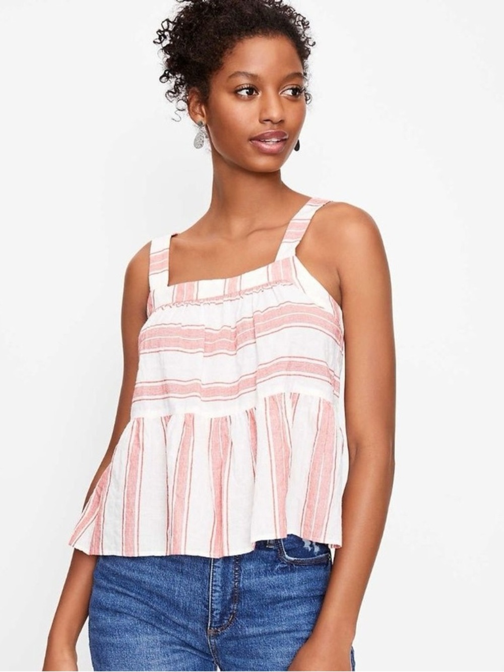 LOFT Red & White Striped Square-Neck Peplum Tank